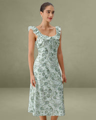 Green Floral Square Neck Ruched Midi Dress