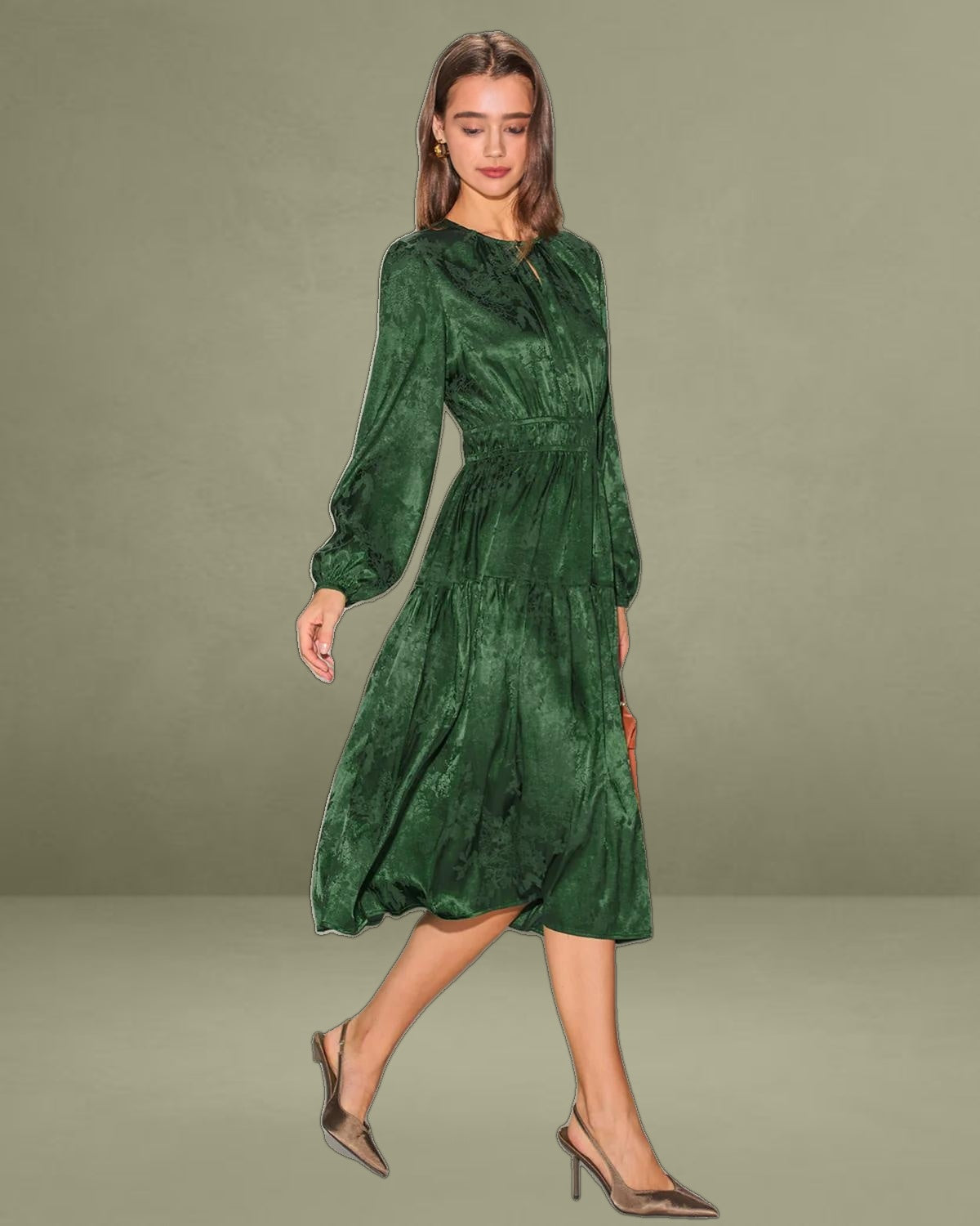 Green Jacquard Lantern Sleeve Midi Dress
