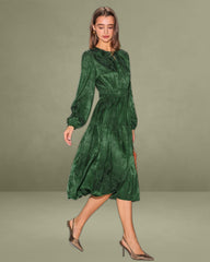 Green Jacquard Lantern Sleeve Midi Dress