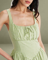 Green Plaid Ruched Slip Mini Dress