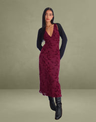 Gabriela Midi Dress in Botanical Flower Maroon