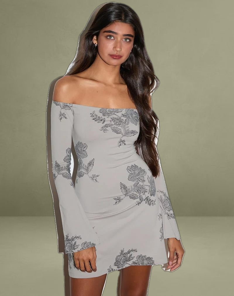 Kausar Off Shoulder Mini Dress in Lace Flower Grey