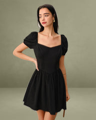 Black Sweetheart Neck Puffed Sleeve Mini Dress