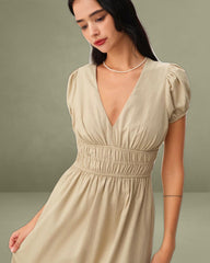 Beige Ruched Puffed Sleeve Midi Dress