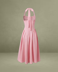 Pink Ruched Halter Midi Dress
