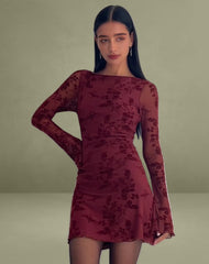 Sevila Long Sleeve Mini Dress in Flocked Botanical Flower Maroon