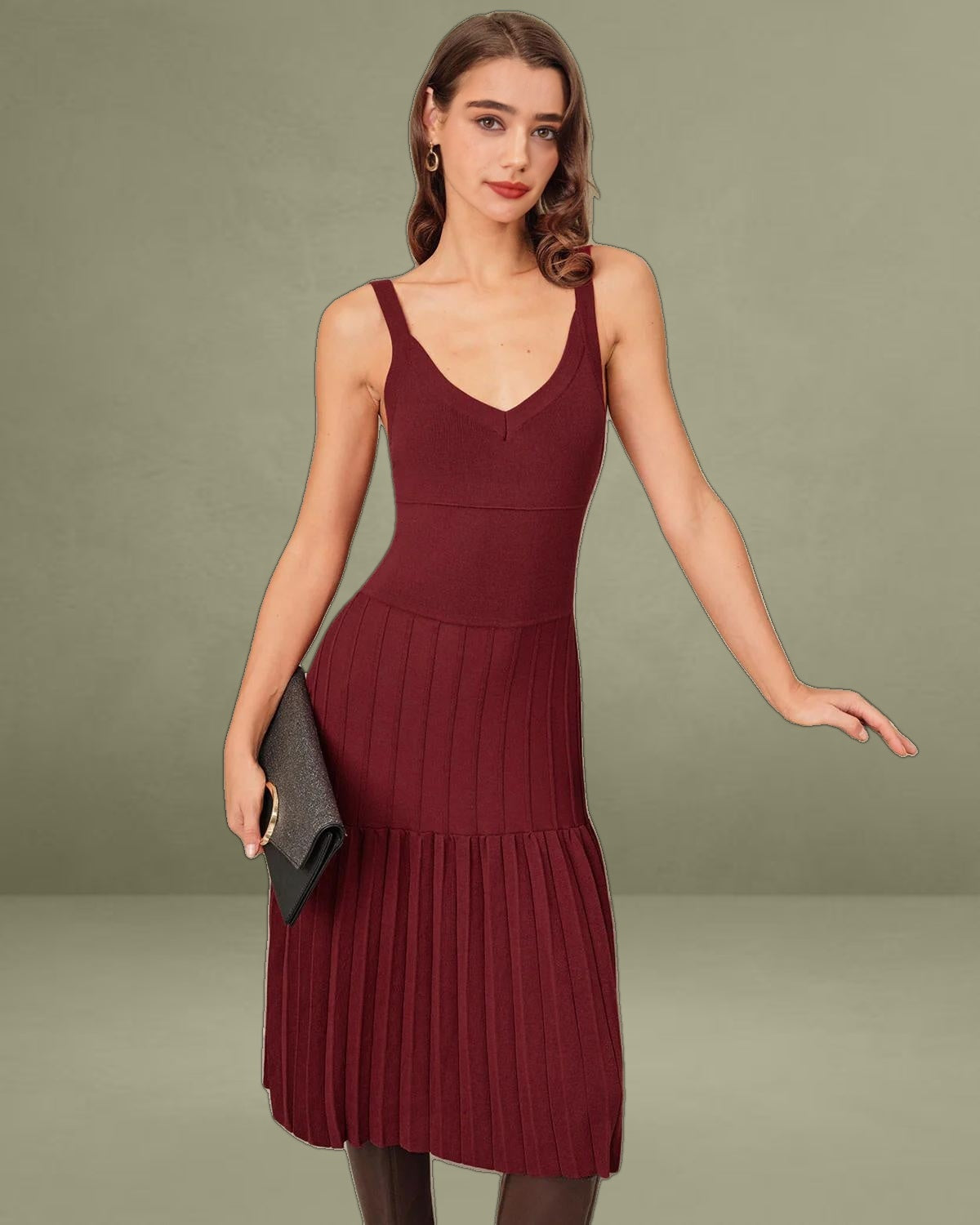 Wine Red Ruched A-Line Sweater Dress