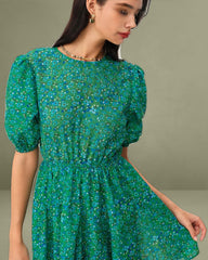 Green Ruched Elastic Waist Mini Dress