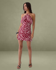 Beyza Halter Mini Dress in Zebra Print Red