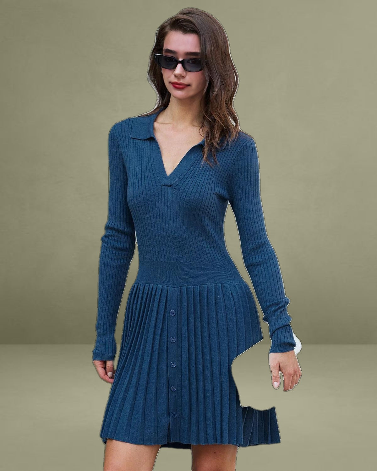 Blue Button A-Line Sweater Dress