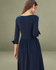 Navy Ruched Tie Waist Maxi Dress