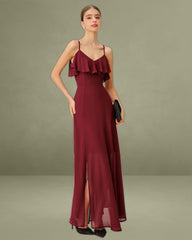 Wine Red Chiffon Ruffle Slip Maxi Dress