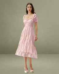 Pink Square Neck Puffed Sleeve Midi Dress