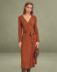 Caramel Knit Wrap Midi Dress