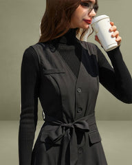 Black V Neck Belted Sleeveless Midi Dress