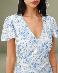 Blue Floral V Neck Button Maxi Dress