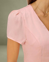 Pink V Neck Button Mini Dress