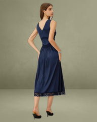 Blue V Neck A-Line Sleeveless Midi Dress