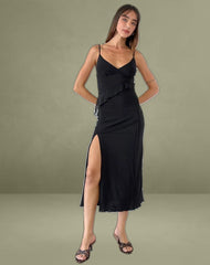 Jacy Ruffle Midi Dress in Mesh Black