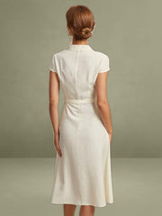 Beige Lapel Cap Sleeve Shirt-Style Midi Dress