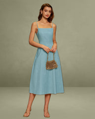 Blue Square Neck Shirred Slip Midi Dress