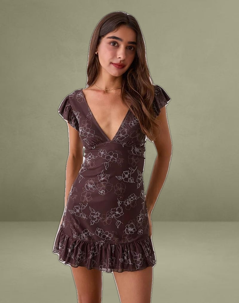 Motarika Mini Dress in Doodle Flower Flock Brown