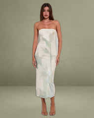Rosbandi Bandeau Midi Dress in Abstract Painted Flower Blue