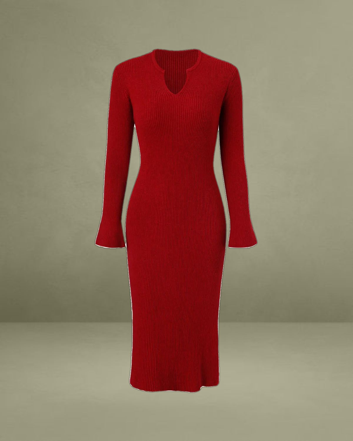 Red V Neck Ribbed Sweater Dress