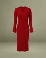 Red V Neck Ribbed Sweater Dress