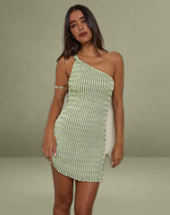 Idarius One Shoulder Mini Dress in Stripe Textured Mesh Mint