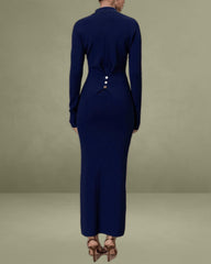 Blue A-Line Button Sweater Dress