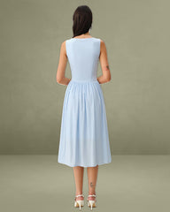 Blue V Neck Button Sleeveless Midi Dress