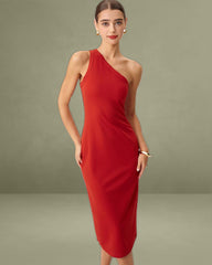 Red Knit One shoulder Midi Dress