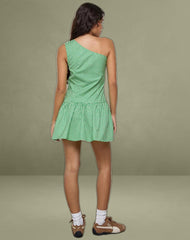 Munasa One Shoulder Mini Dress in Mini Gingham Green