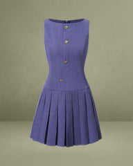 Blue Boat Neck Button Sleeveless Mini Dress