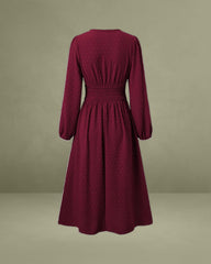 Wine Red Polka Dot Shirred Midi Dress