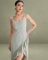 Green Ruffle Slit Slip Maxi Dress