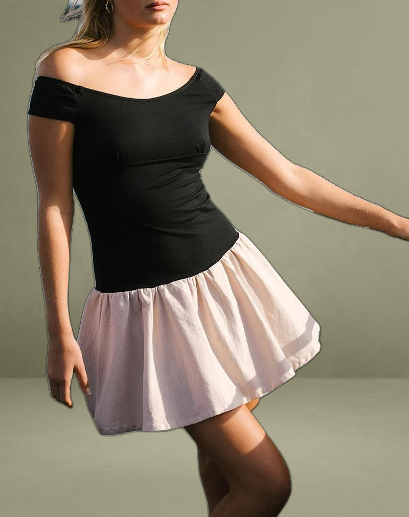 Yael Mini Dress in Lycra Linen Black and Ecru