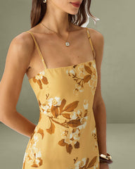 Yellow Floral Shirred Retro Midi Slip Dress