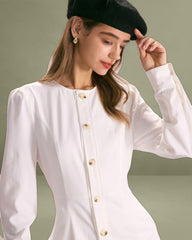 The White Round Neck Button Mini Dress