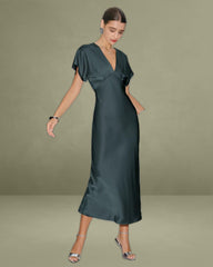 Grey Green Satin Cowl Sleeve Midi Dress