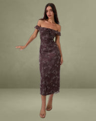 Catrin Midi Dress in Doodle Flower Flock Brown