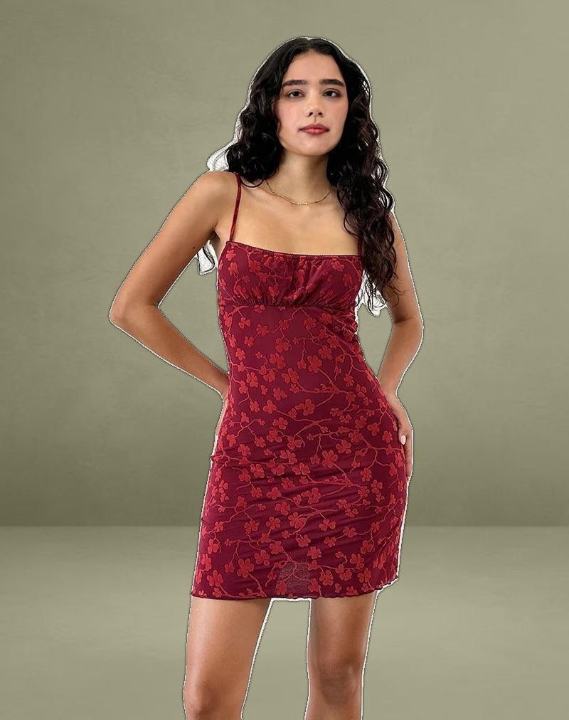 Darsya Mini Dress in Grunge Floral Flock Red