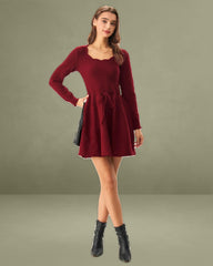Wine Red A-Line Sweater Dress