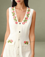 White Floral V Neck Sleeveless Mini Dress