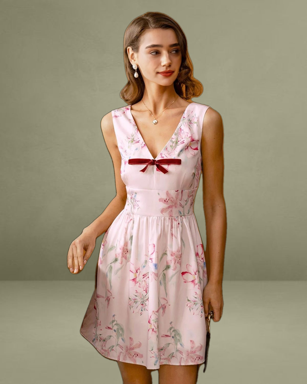 Pink Floral Bowknot Sleeveless Mini Dress
