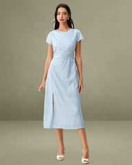 Blue Round Neck Button Slit Midi Dress