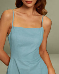 Blue Square Neck Shirred Slip Midi Dress