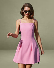 Pink Square Neck Slip Pleated Mini Dress