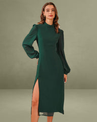 Green Chiffon Mock Neck A-Line Midi Dress